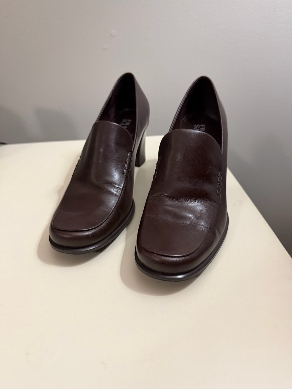 Franco Sarto Dark Brown Leather Block Heel Loafers